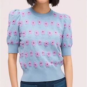 Kate Spade Puff Sleeve Sweater Floral Knit Top
